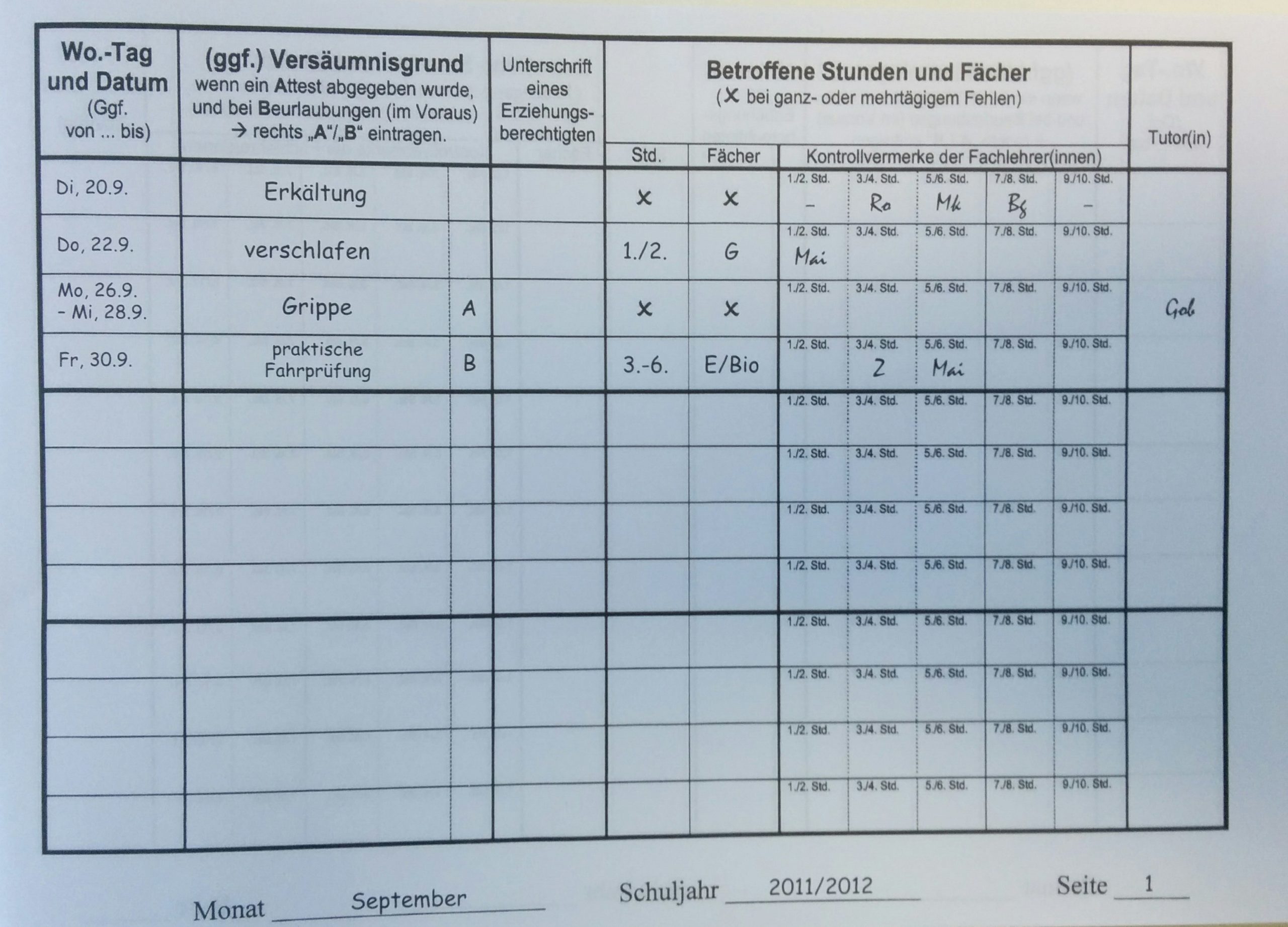 Entschuldigungspraxis Kursstufe